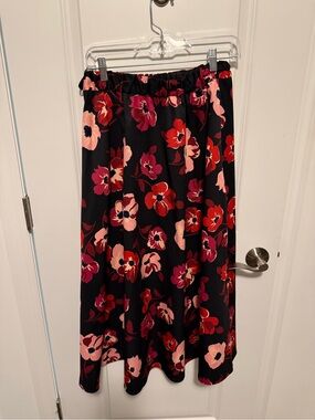 kate spade Black Floral Midi Skirt with Pink & Red Blooms